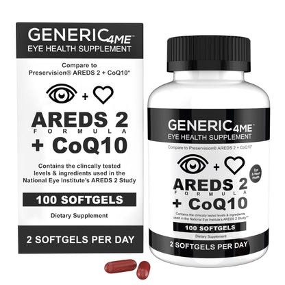 Generic4ME AREDS 2 SoftGels, 100 mg CoQ10 for Heart Health, 500 mg Vitamin C, 400 IU Vitamin E, 10 mg Lutein, 2 mg Zeaxanthin, 80 mg Zinc, 2 mg Copper - Supports Eye Health - 100 Mini SoftGels Generic4MEBuy Supplements Australia