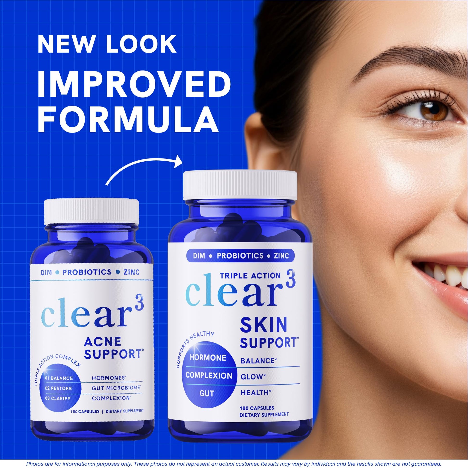 Clear Skin Supplement with Zinc, DIM & Probiotics | 3-in-1 Balance, Glow & Health Skin Support | Triple Action Hyaluronic Acid, Niaciminide & Vitamins for Hormone, Complexion & Gut Support | 180 Ct SMNutritionBuy Supplements Australia
