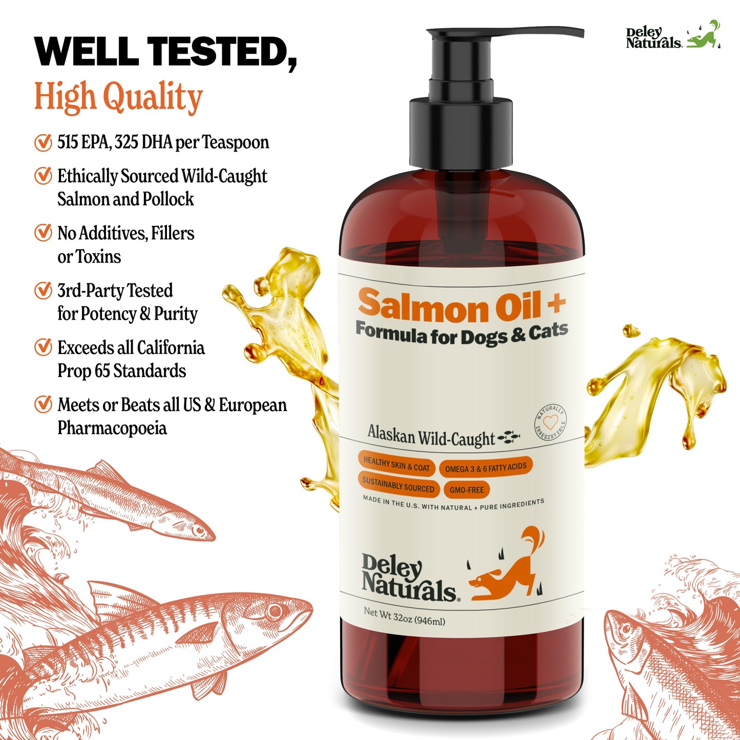 Deley Naturals Wild Alaskan Salmon Oil for Dogs & Cats - New and Improved Salmon Oil Plus Formula - Fish Oil for Dogs with Omega 3, DHA and EPA - Omega 3 for Healthy Skin and Coat - 32oz Made in USA Deley NaturalsBuy Supplements Australia