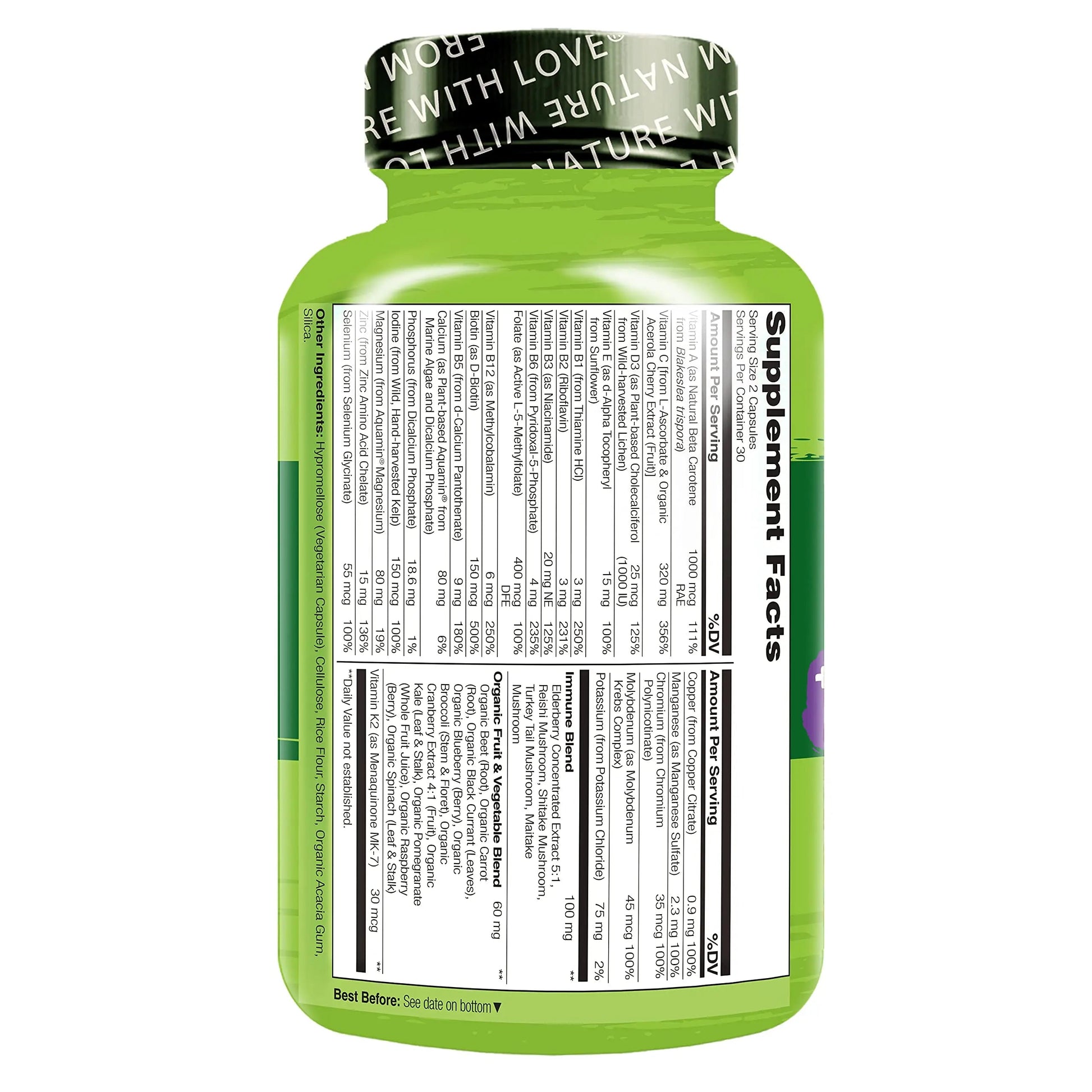 NATURELO Whole Food Multivitamin + Immune Blend with Elderberry & Mushrooms - Complete Multivitamin with Extra Immune Support NATURELO