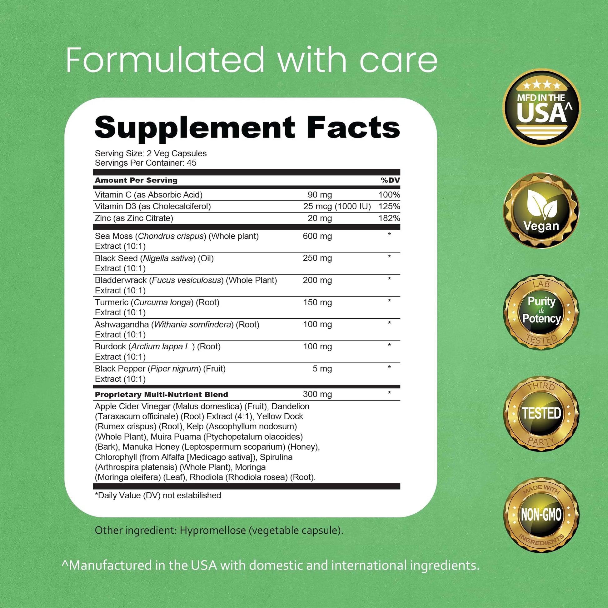 Sea Moss, Black Seed Oil, Bladderwrack, Turmeric, Ashwagandha, Burdock, Vitamin C, D3, Yellow Dock Root, Manuka, Dandelion - 90 Veggie caps NaturaLife LabsBuy Supplements Australia