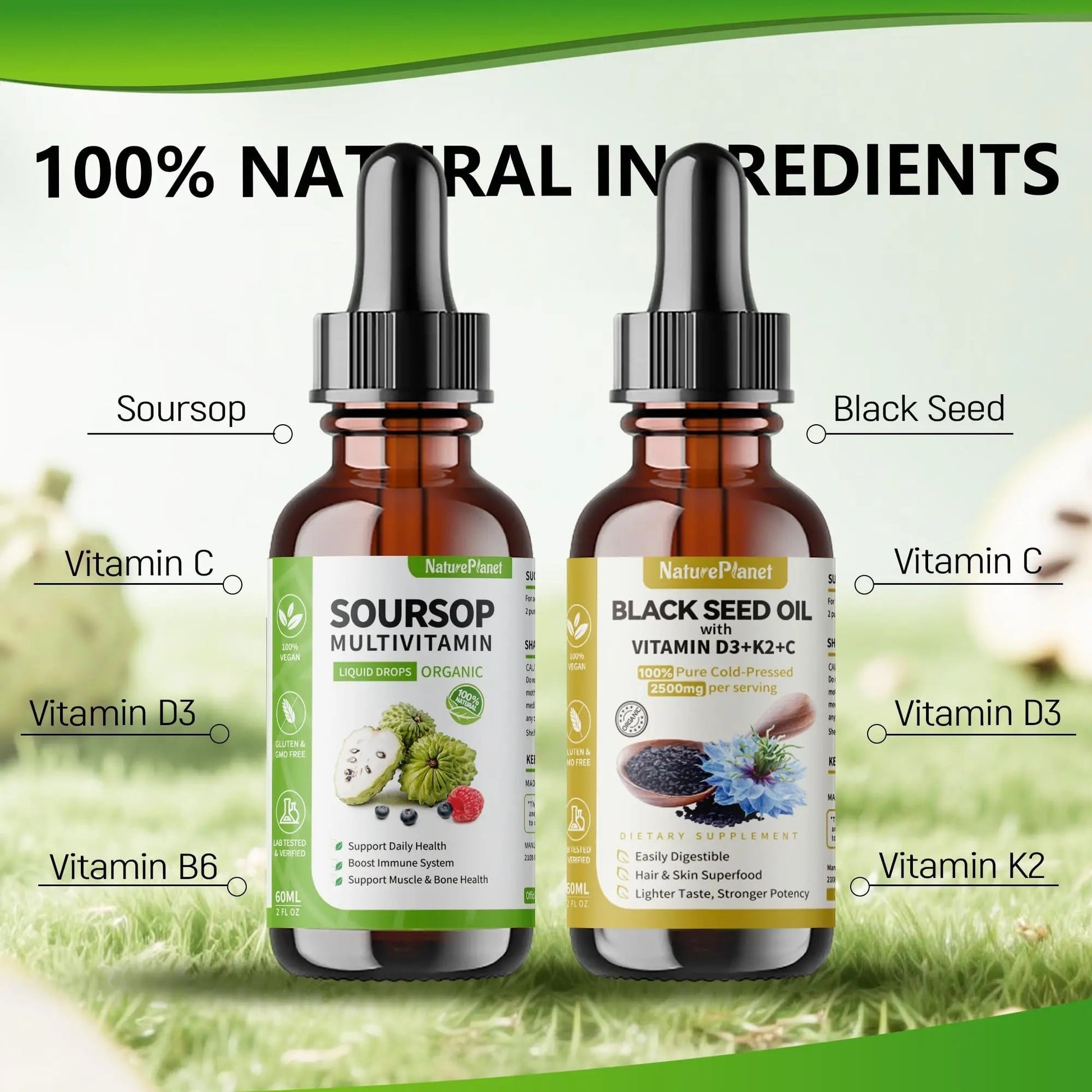 NaturePlanet Organic Soursop Bitters and Black Seed Oil Drops Bundles with Vitamins D3, K2, B6, C | NaturePlanet