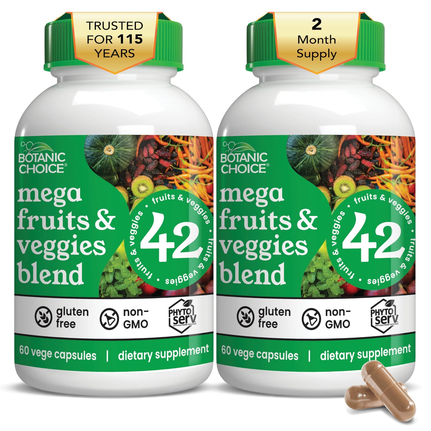 Botanic Choice Since 1910 - Mega Fruits & Veggies Blend - 42 Fruits and Vegetables - 2 Caps Daily - 60 Count Supplement - 2 Pack Botanic ChoiceBuy Supplements Australia