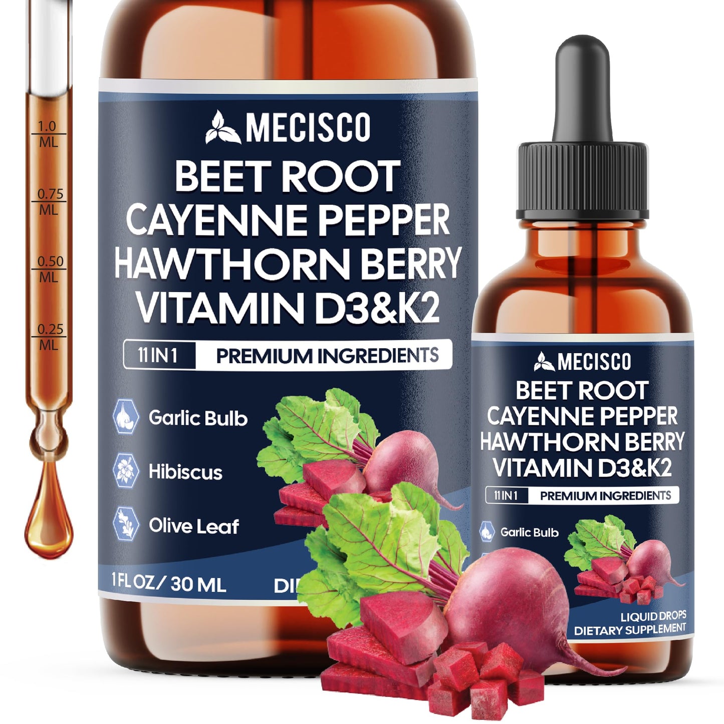 11in1 Beet Root Liquid Drops - Support Overall Wellness - with Vitamin D3, Vitamin K2, Hawthorn Berry, Cayenne Pepper, Garlic, Hibiscus, Olive, Red Spinach, Green Tea - 1 FL Oz - 60 Day Supply MeciscoBuy Supplements Australia