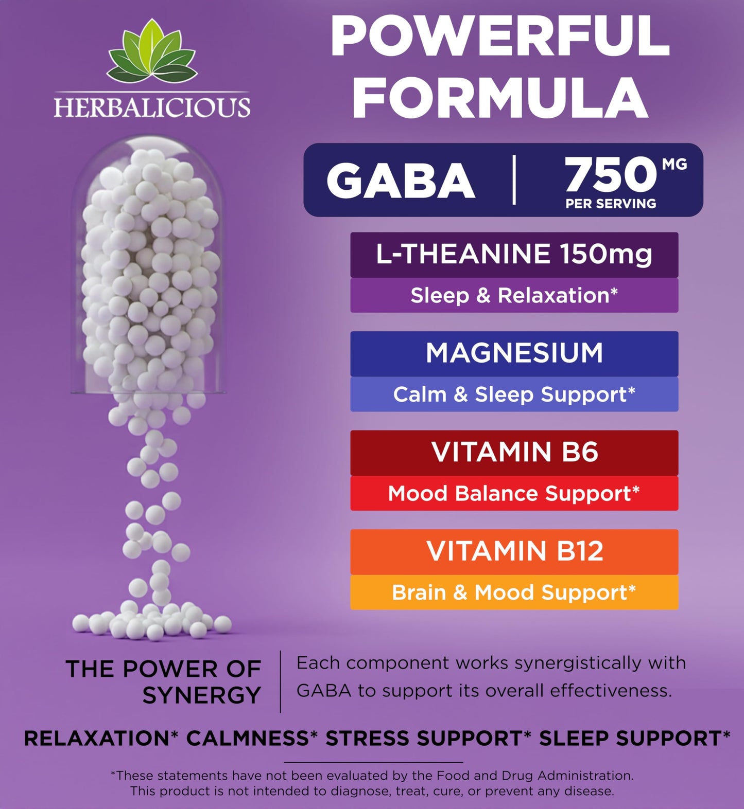 HERBALICIOUS GABA L-Theanine with Magnesium – Calm & Focus Support, Stress Relief, Relaxation + Mood Balance, Brain & Memory Support Supplement – Vitamin B6 + B12 Complex – 120 Capsules HERBALICIOUSBuy Supplements Australia