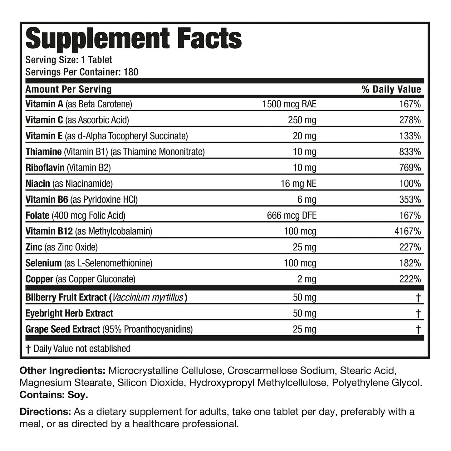 Bronson ONE Daily Vision Complete Eye Health Support Multivitamin Multimineral Supplement Formula, 180 Tablets Bronson