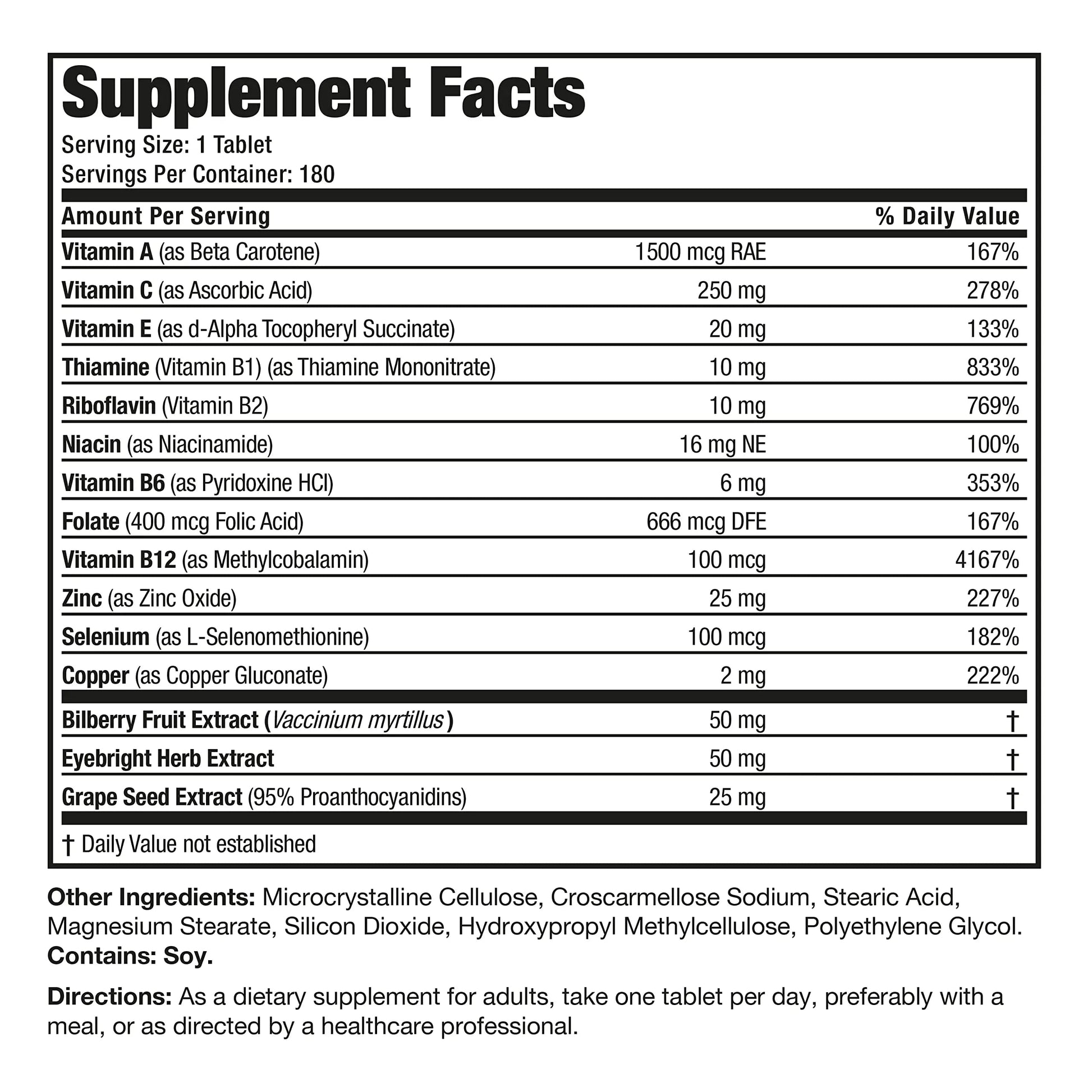 Bronson ONE Daily Vision Complete Eye Health Support Multivitamin Multimineral Supplement Formula, 180 Tablets Bronson
