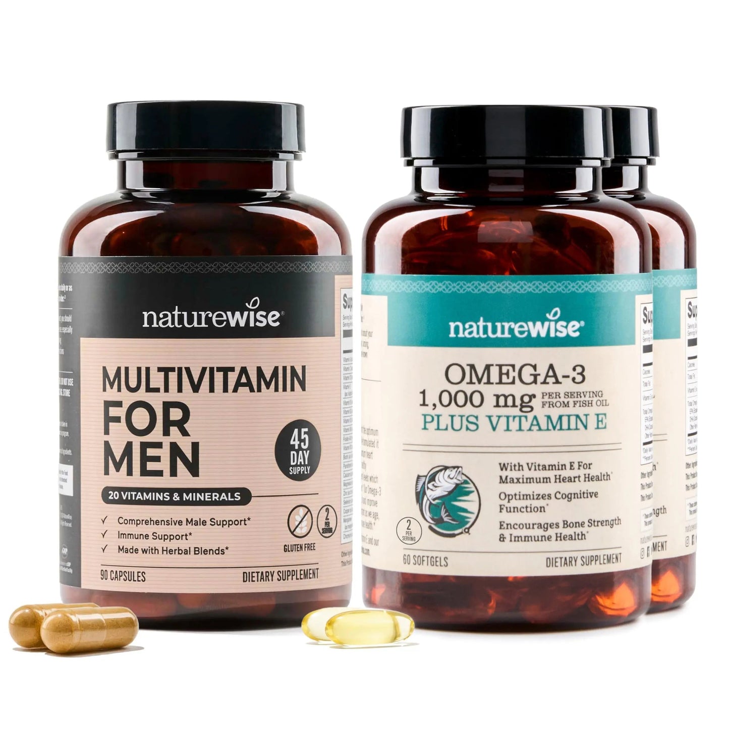 NatureWise [1] Multivitamin for Men - Non-GMO - 90 Capsules[45-Day Supply] + (Pack of 2) Omega 3 Fish Oil 1000mg + Vitamin E - Wild-Caught - 60 Softgels[30-Day Supply] NatureWiseBuy Supplements Australia