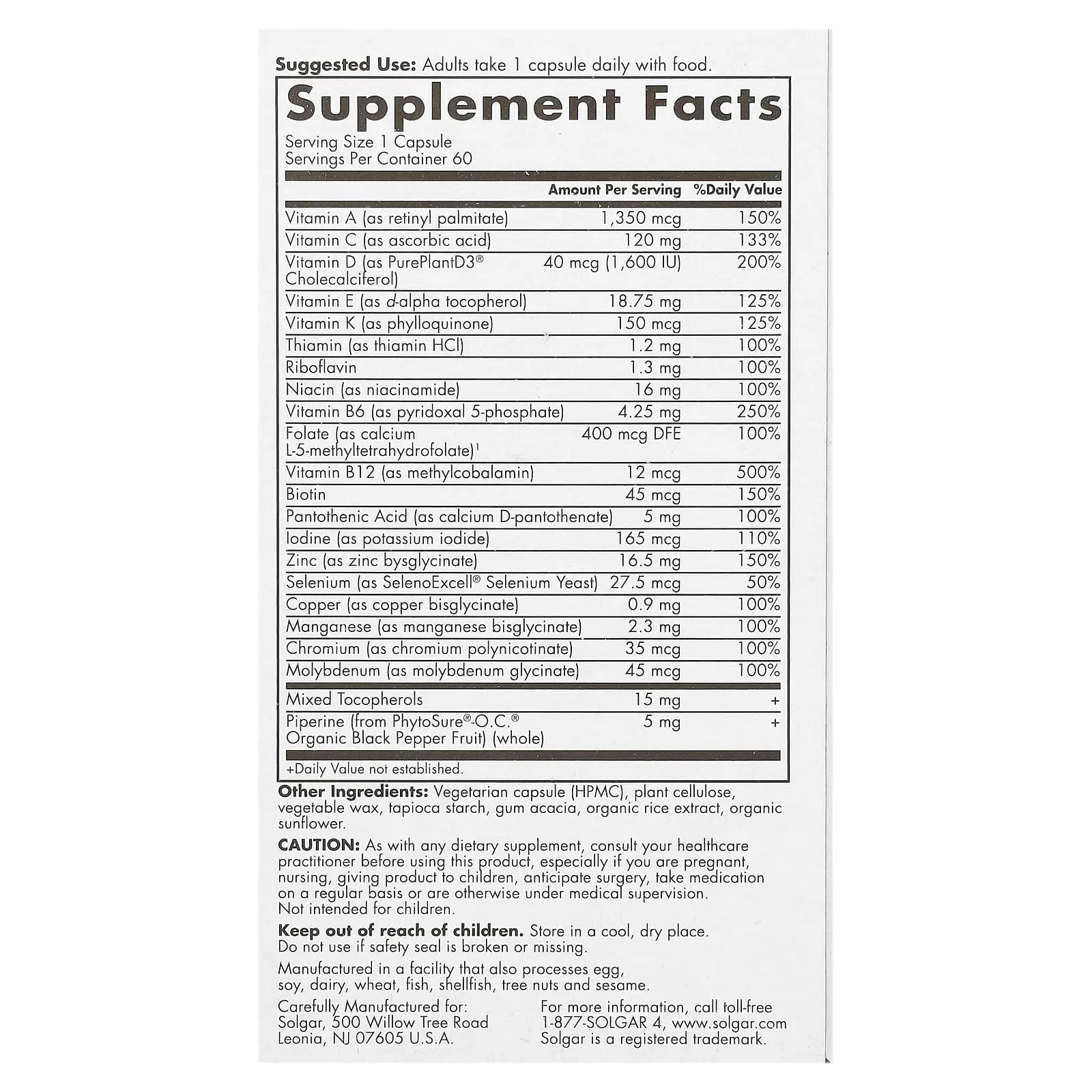 Solgar One Daily Men's Multivitamin Whole Body Support Supplement, Highly Absorbable Delayed Release One Daily Multi Vitamin Capsules for Men SolgarBuy Supplements Australia