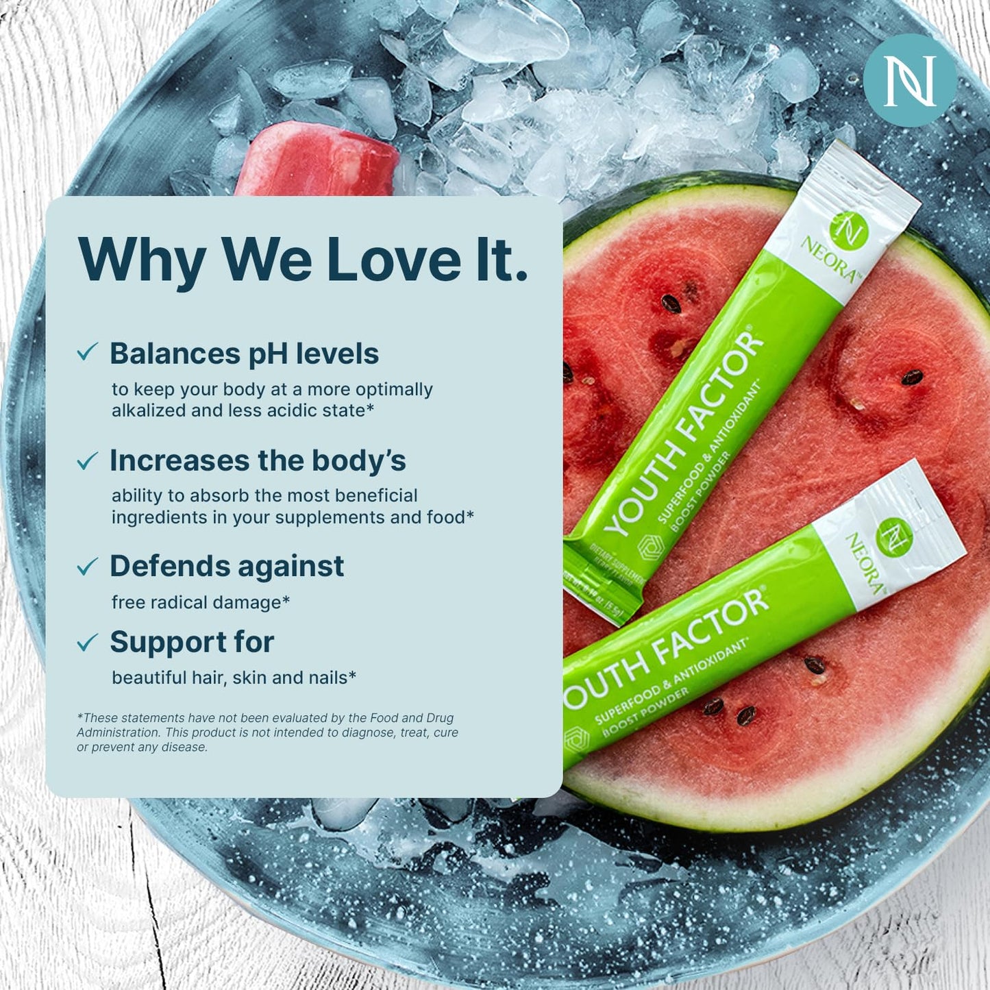 NEORA Youth Factor - Superfood Boost Powder - pH Balance, Hair Skin Nails Support, Fruits & Veggies Equivalent, Nutrient Absorption - 30 Packets NEORABuy Supplements Australia