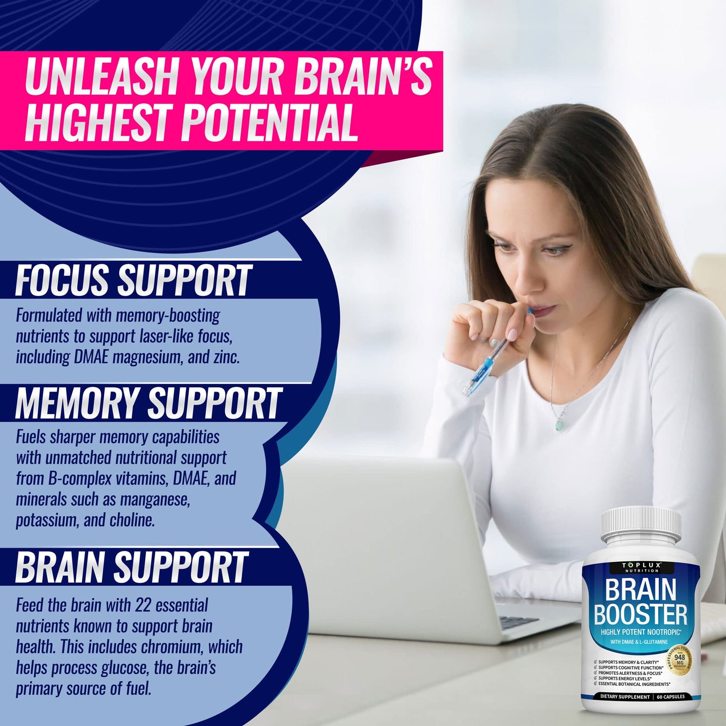 Toplux Brain Supplement Nootropic – Brain Pills Vitamin with DMAE, Bacopa Monnieri, L-Gutamine, for Men Women, 60 Capsules, Nutrition TopluxBuy Supplements Australia