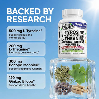 Focus Flow L-Tyrosine Vitamin B C D L-Theanine Ashwagandha Ginkgo Biloba Vitamin B12 Thiamine Black Pepper N-Acetylcysteine Mucuna Pruriens 90 Count Capsules by Clean Nutra Clean NutraceuticalsBuy Supplements Australia