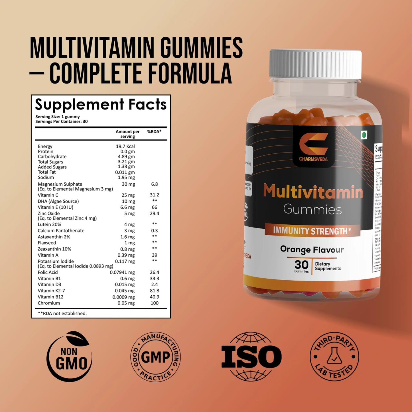 CHARMSVEDA Multivitamin Gummies – Energy, Immunity & Overall Wellness with DHA, Vitamin C, Zinc & Antioxidants – Orange Flavour – 30 Gummies CHARMSVEDA