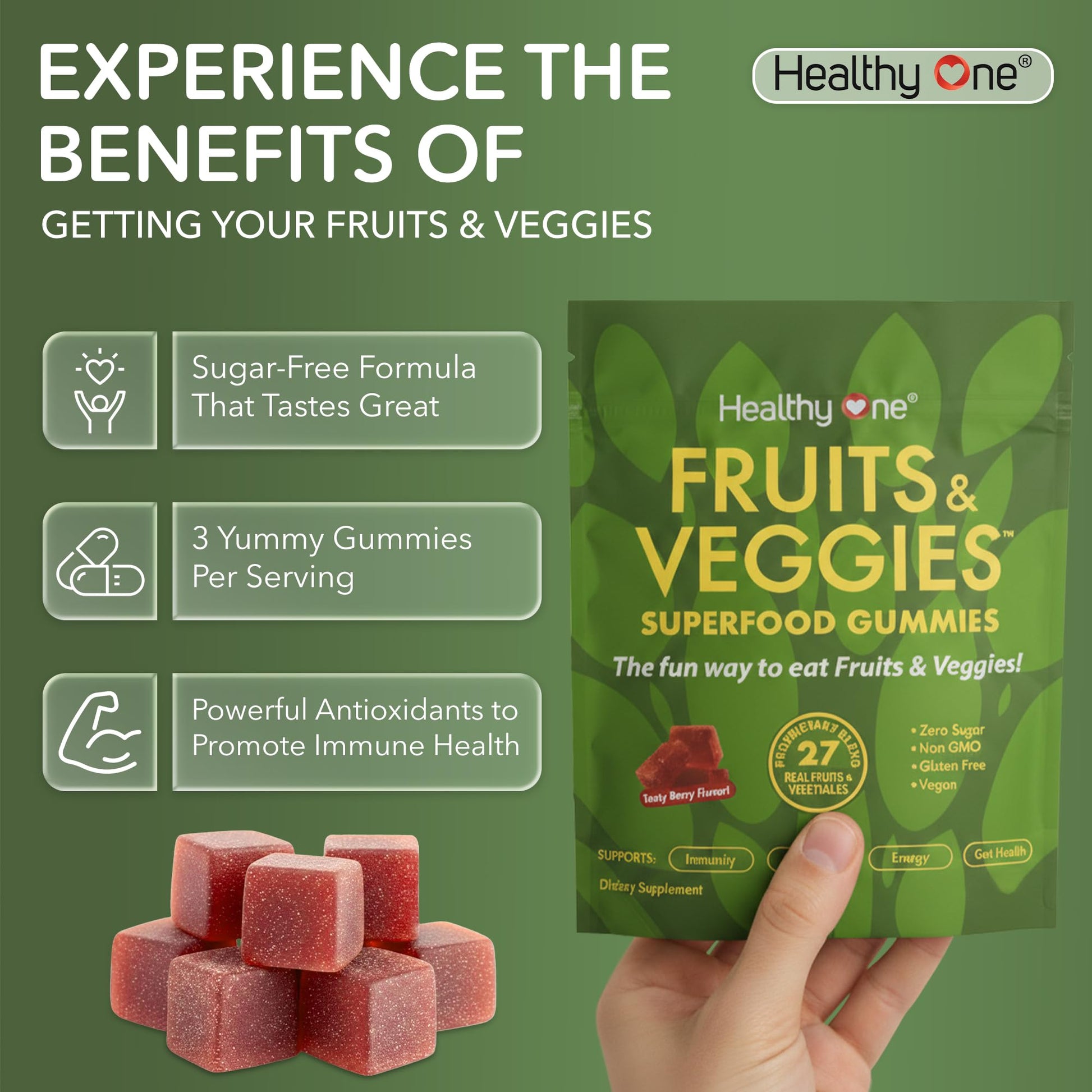 Fruits & Veggies Sugar-Free Gummies - 27 Whole Foods - Equals 3 Servings of Fruits & Vegetables - Improve Energy, Focus & Immune Function - Fiber - Antioxidants - Organic Ingredients - 28 Packets Healthy OneBuy Supplements Australia