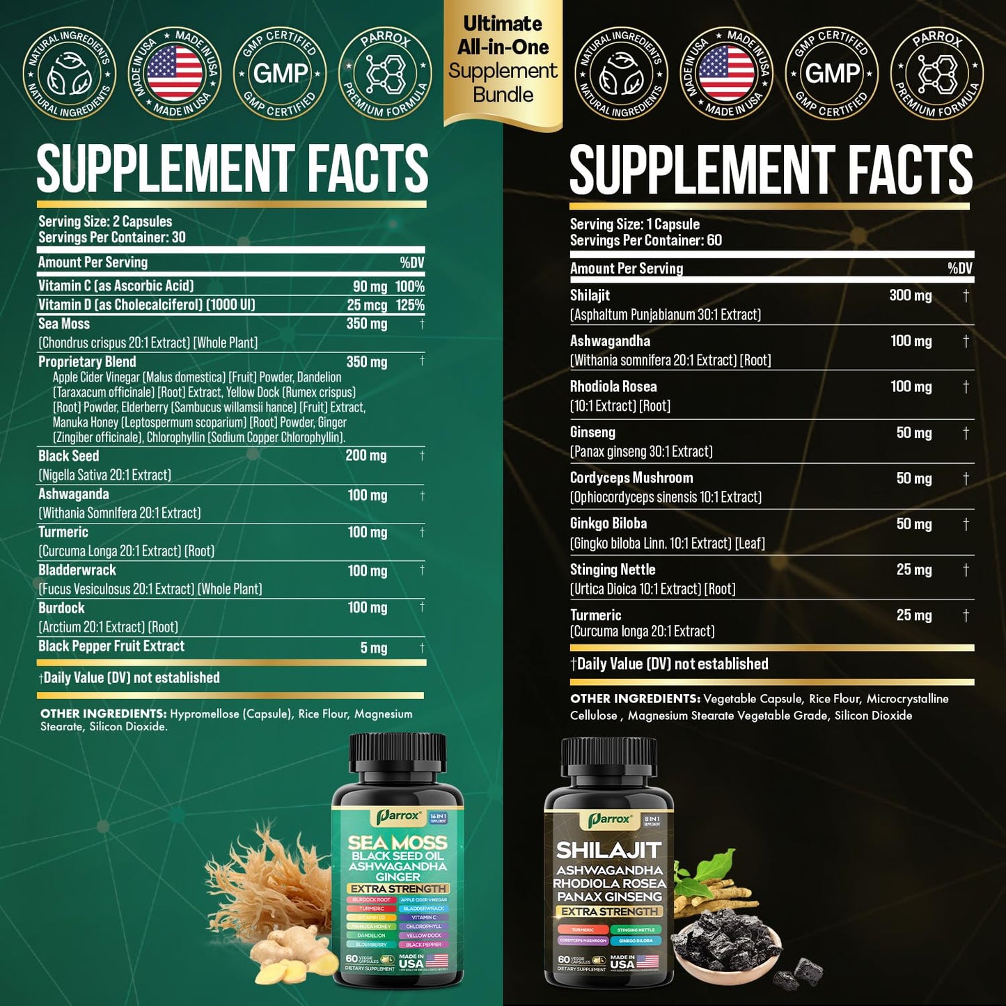Parrox Shilajit and Sea Moss Bundle, Sea Moss 350mg, Black Seed Oil 200mg, Ashwagandha 100mg, Turmeric, Shilajit 300mg, Rhodiola Rosea 100mg, Panax Ginseng 50mg, Dynamic Vitality Bundle (2 Pack) ParroxBuy Supplements Australia