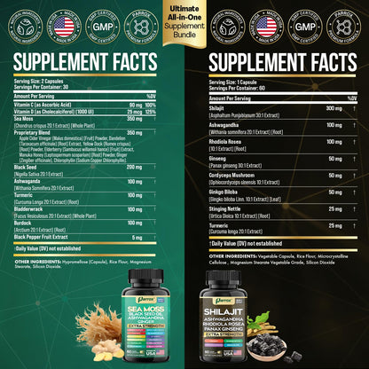 Parrox Shilajit and Sea Moss Bundle, Sea Moss 350mg, Black Seed Oil 200mg, Ashwagandha 100mg, Turmeric, Shilajit 300mg, Rhodiola Rosea 100mg, Panax Ginseng 50mg, Dynamic Vitality Bundle (2 Pack) ParroxBuy Supplements Australia