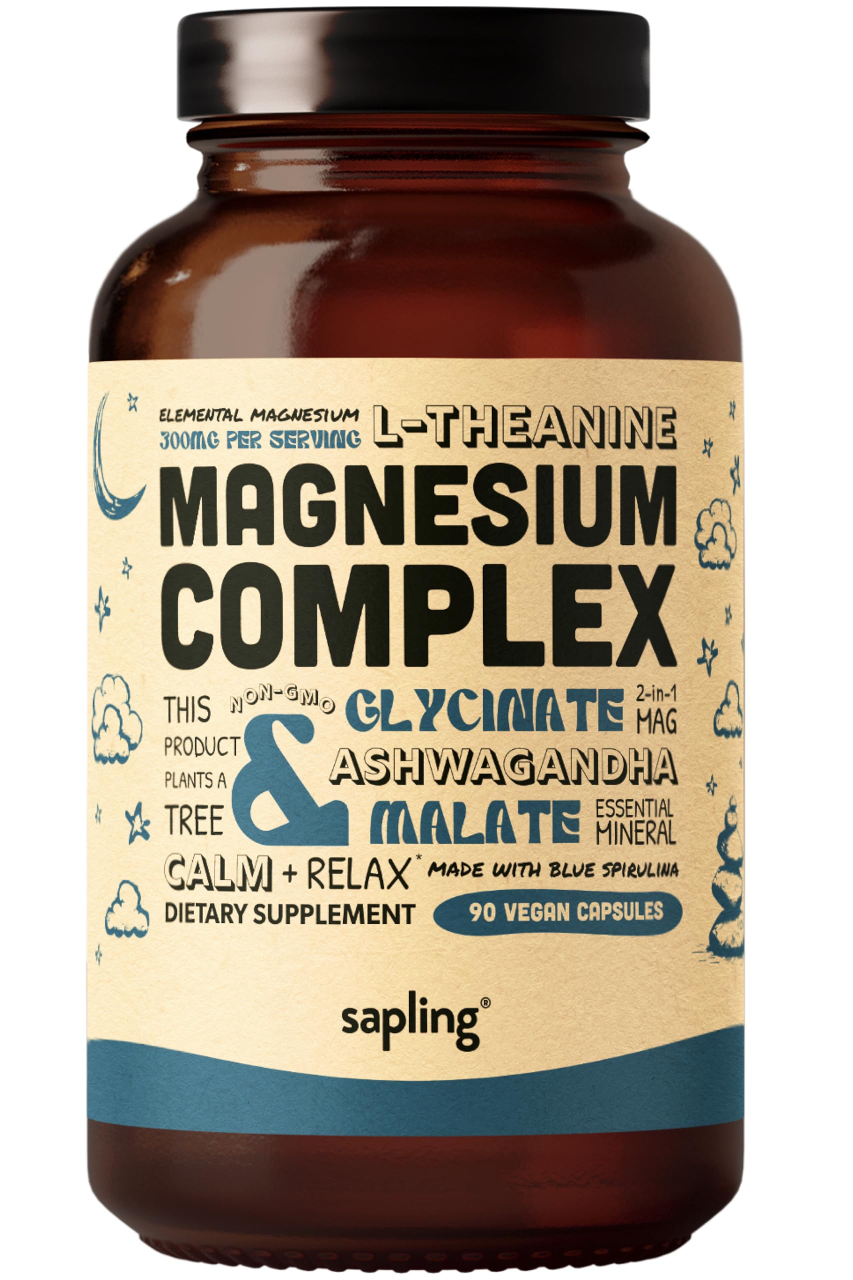 Magnesium Glycinate Complex Supplement - Chelated Magnesium Glycinate with Malate, Organic Ashwagandha, L-theanine & Blue Spirulina - High Absorption, Vegan, Non-GMO, 300mg, 90 Veggie Caps saplingBuy Supplements Australia