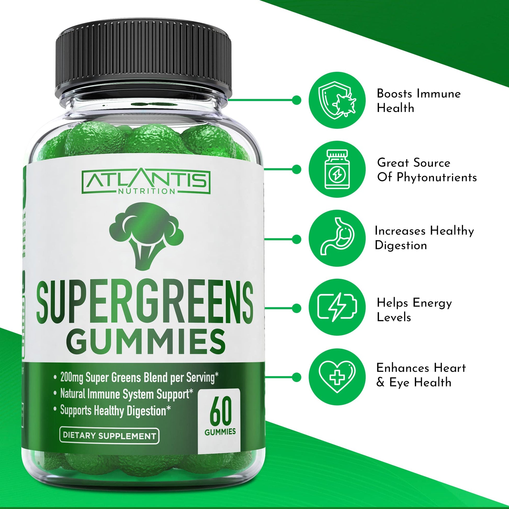 Atlantis Nutrition Supergreens Gummies - Daily Green Superfoods Supplement with Spinach, Broccoli, Moringa, Beet Root, Celery, Green Tea, & Acai for Immunity Support - Natural Raspberry Flavor, 60 cnt Atlantis NutritionBuy Supplements Australia