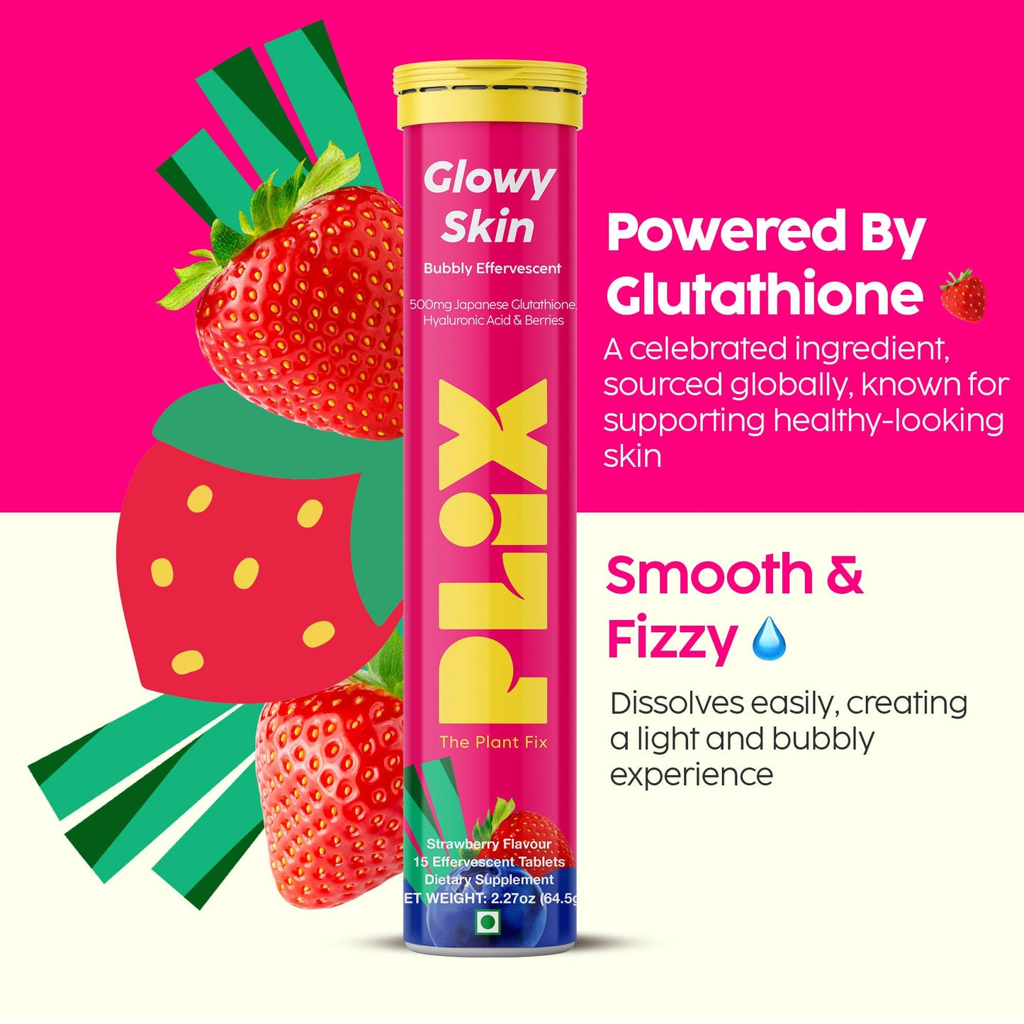PLIX Glowy Skin 500mg Glutathione Supplement with Hyaluronic Acid, Vitamin C, E & Berries | 30 Effervescent Tablets, Strawberry Flavor PLIX - THE PLANT FIXBuy Supplements Australia