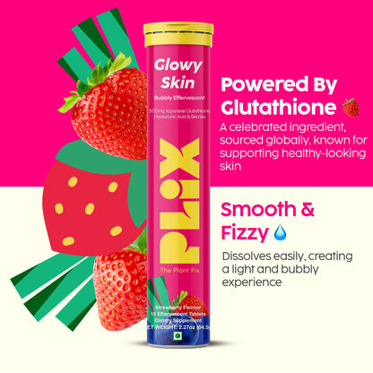 PLIX Glowy Skin 500mg Glutathione Supplement with Hyaluronic Acid, Vitamin C, E & Berries | 30 Effervescent Tablets, Strawberry Flavor PLIX - THE PLANT FIXBuy Supplements Australia