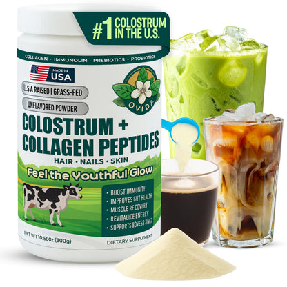 Bovine Colostrum and Hydrolyzed Collagen Peptides Powder Supplement for Women & Men - Supports Gut Health, Joint & Bone Health, Hair Skin Nails - Grass-Fed, Non-GMO, Gluten Free, 300g (30 Servings) OVIDABuy Supplements Australia