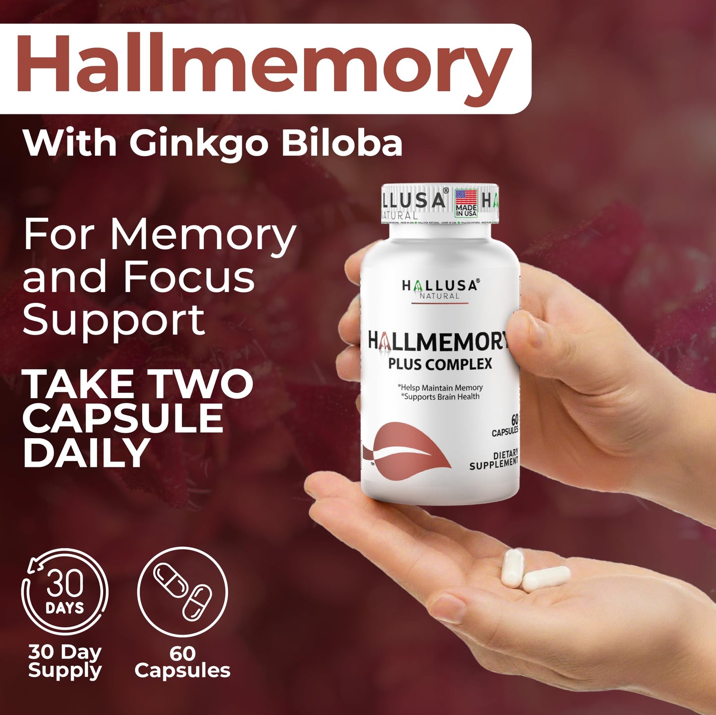 Hallusa Natural Brain Health Supplement Capsules 1680mg, Ginkgo Biloba, B Vitamins & Choline, Memory & Focus Support, Brain Booster for Men & Women, 60 Count Hallusa NaturalBuy Supplements Australia