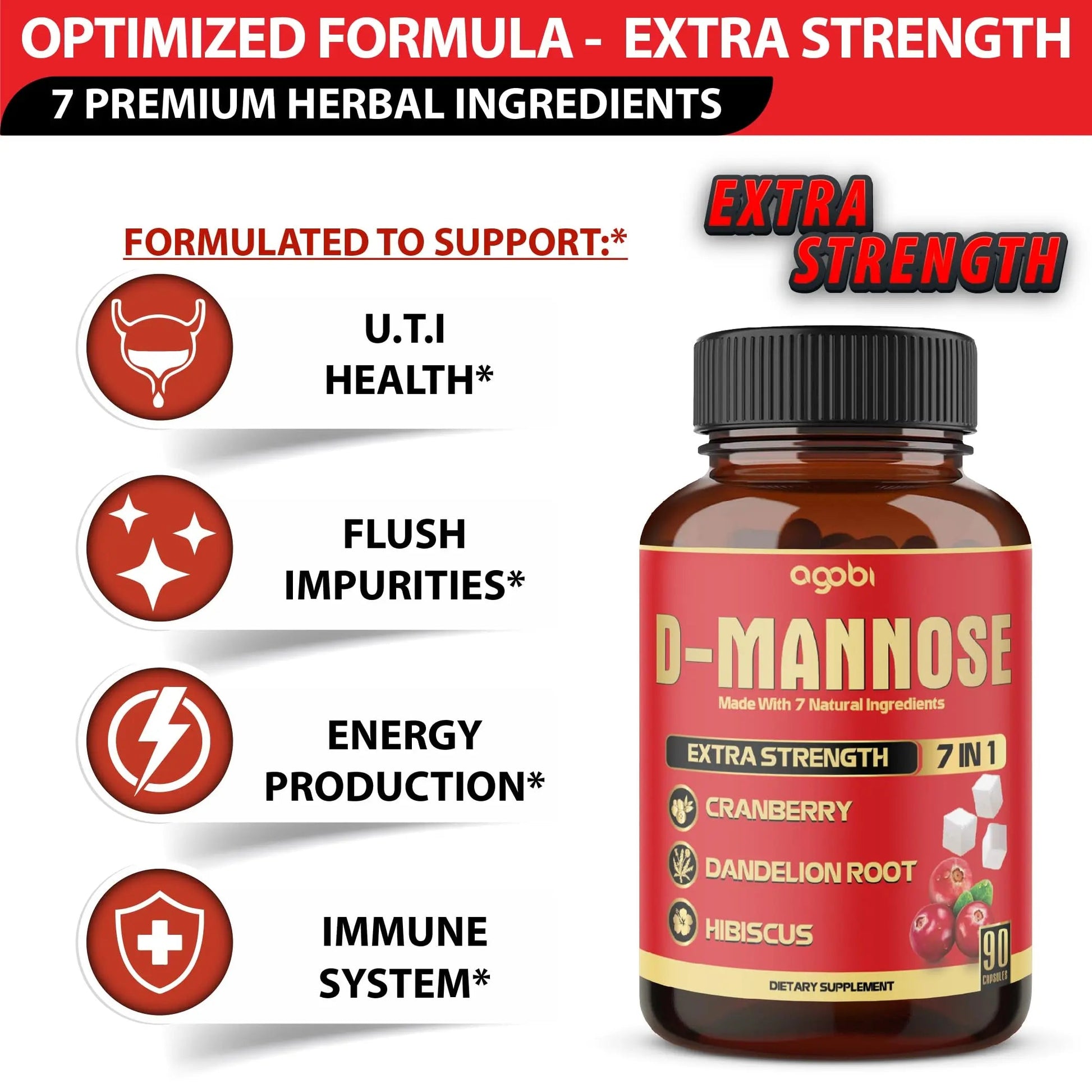 agobi D-Mannose Capsules - 7 Herbs with Cranberry, Dandelion, Hibiscus and More - Support Flush Impurities and Urinary Tract Health - 90 Vegan Capsules 3-Month Supply agobiBuy Supplements Australia