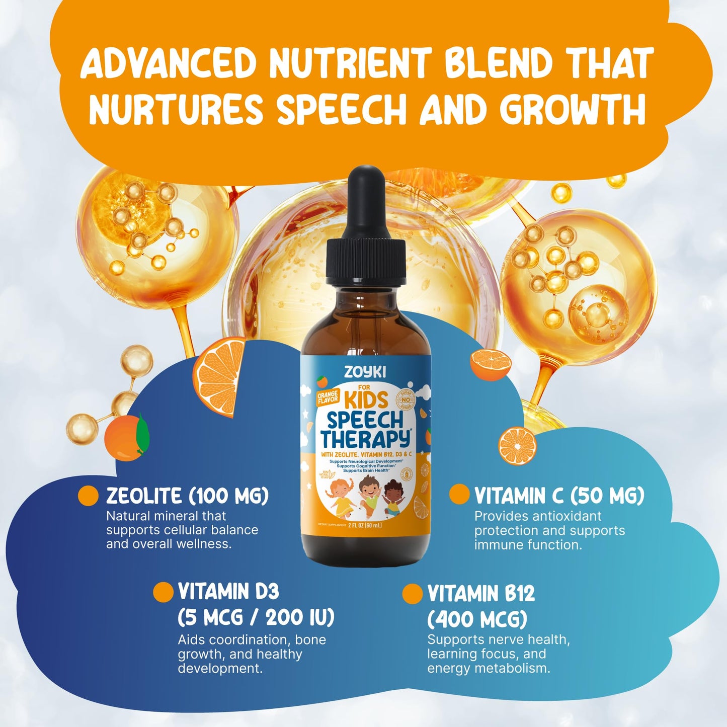 Zoyki Speech Therapy Drops for Kids - Speech Support Supplement for Communication Delay Cognitive Function Language & Brain Development with Zeolite Vitamins B12 D3 C - Sugar Free Gluten-Free Vegan ZoykiBuy Supplements Australia