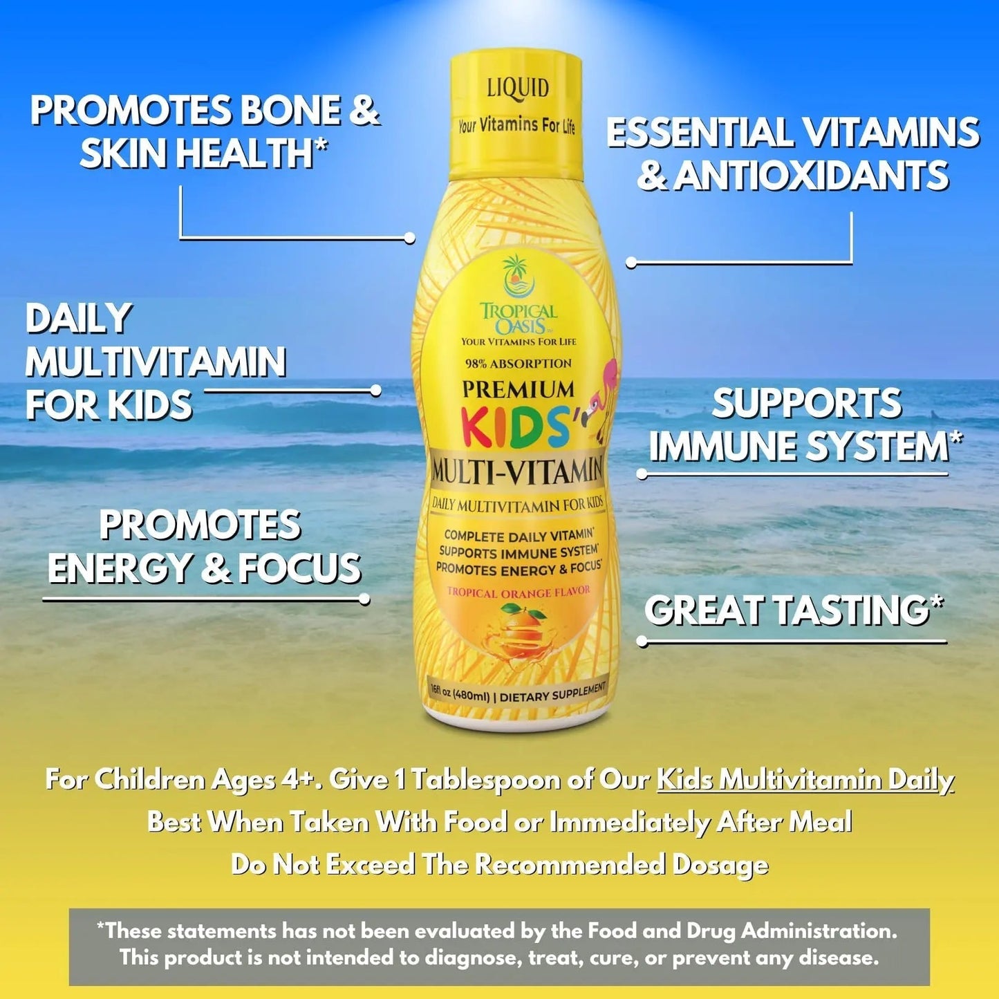 Premium Liquid Multivitamin For Kids | Sugar Free Kids Vitamins | 100% DV of 14 Vitamins for Kids | Multivitamin for Children Ages 4+ | Tropical OasisBuy Supplements Australia
