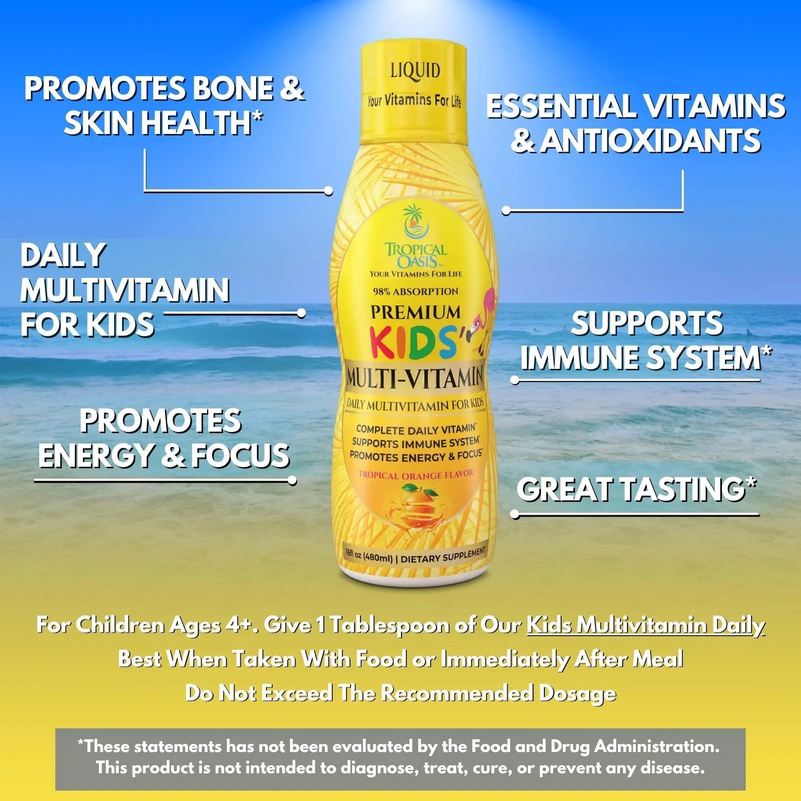 Premium Liquid Multivitamin For Kids | Sugar Free Kids Vitamins | 100% DV of 14 Vitamins for Kids | Multivitamin for Children Ages 4+ | Tropical OasisBuy Supplements Australia