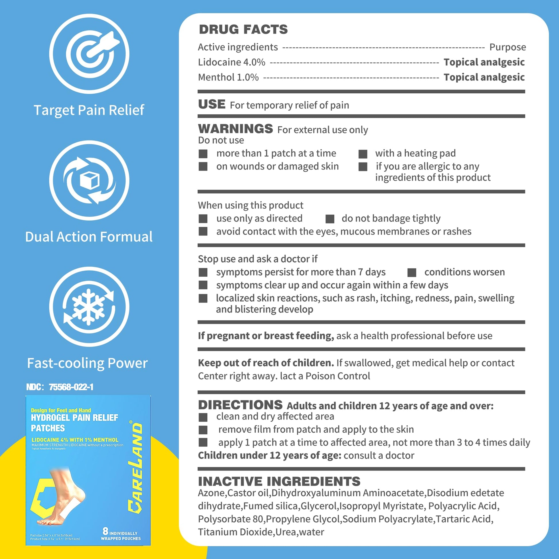 CARELAND Plantar Fasciitis Lidocaine Pain Patches with Hydrogel Technology- Waterproof with Sticky Border, 12 Hour Pain Relief - Contours to Your Foot - 16 Ct CARELANDBuy Supplements Australia