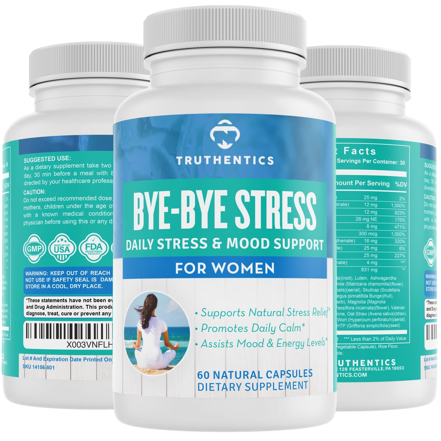 TRUTHENTICS Bye-Bye Stress - Stress & Mood Support Supplement for Women with Ashwagandha, GABA, Lemon Balm, L-Theanin & Vitamin B Complex - Vegan - 60 Capsules TRUTHENTICSBuy Supplements Australia