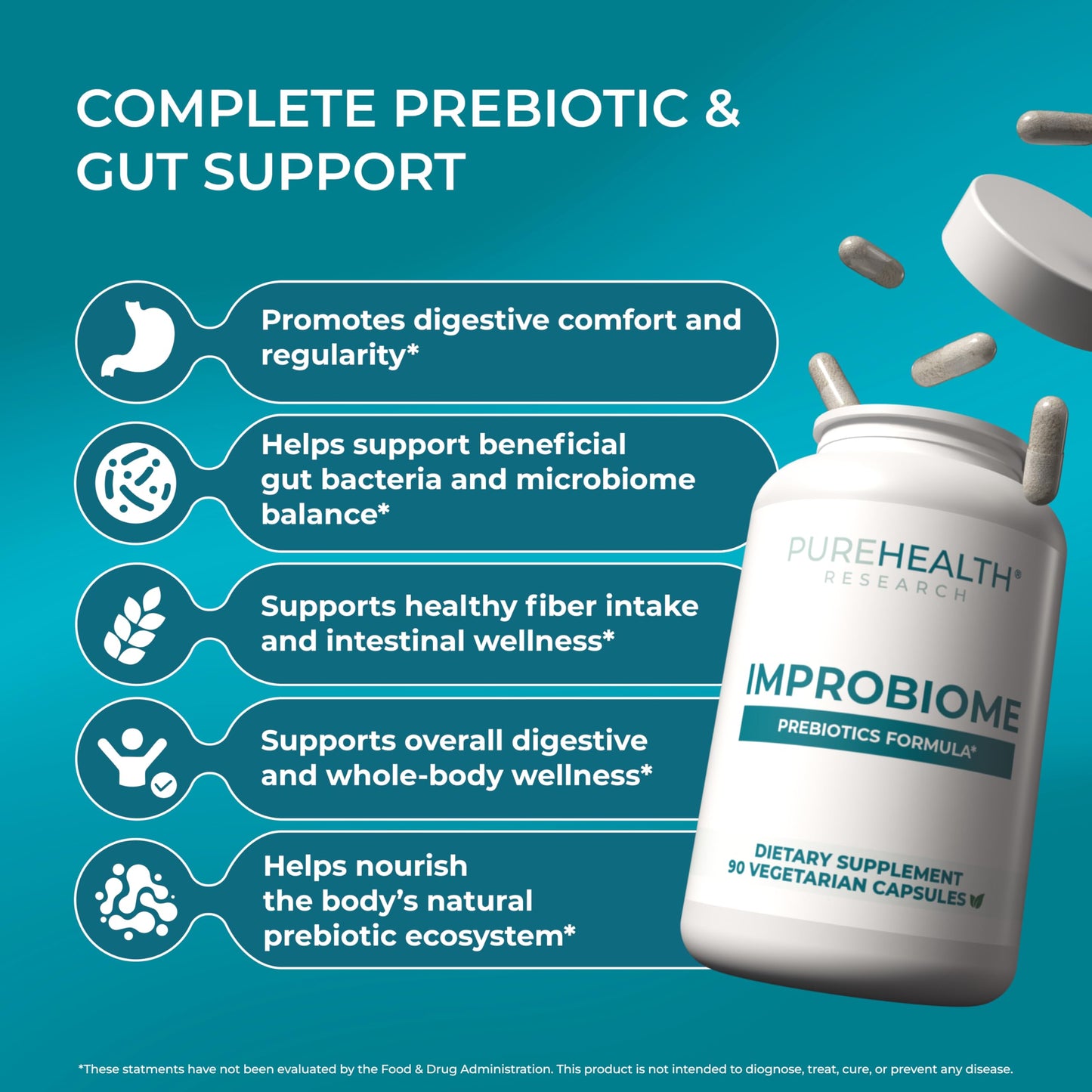 PUREHEALTH Research Improbiome - Prebiotic Fiber - Natural Support for Healthy Gut Prebiotics - Digestive Nutritional Supplements - with Jerusalem Artichoke,