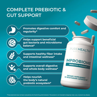 PUREHEALTH Research Improbiome - Prebiotic Fiber - Natural Support for Healthy Gut Prebiotics - Digestive Nutritional Supplements - with Jerusalem Artichoke,