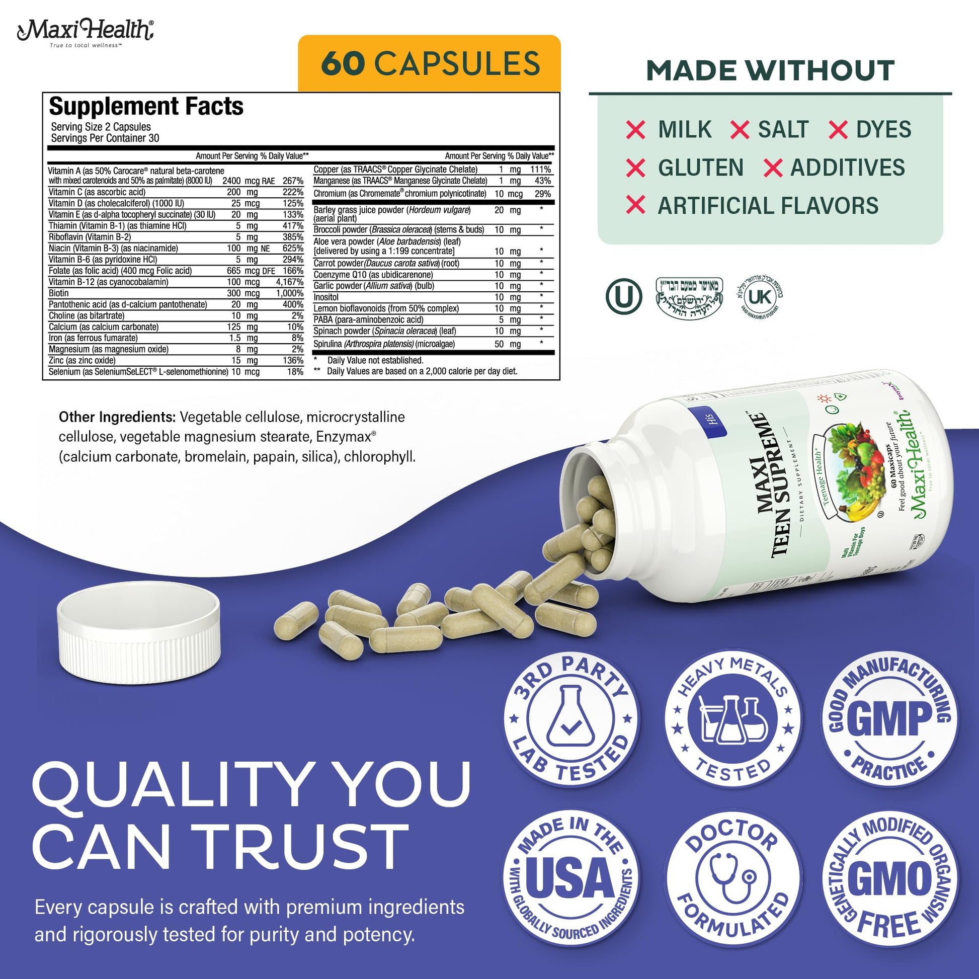 Teen Vitamins for Boys 12-17 - Teen Multivitamin Supreme with D3, Iron, Calcium, Biotin, Digestive Enzymes Maxi HealthBuy Supplements Australia
