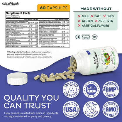 Teen Vitamins for Boys 12-17 - Teen Multivitamin Supreme with D3, Iron, Calcium, Biotin, Digestive Enzymes Maxi HealthBuy Supplements Australia