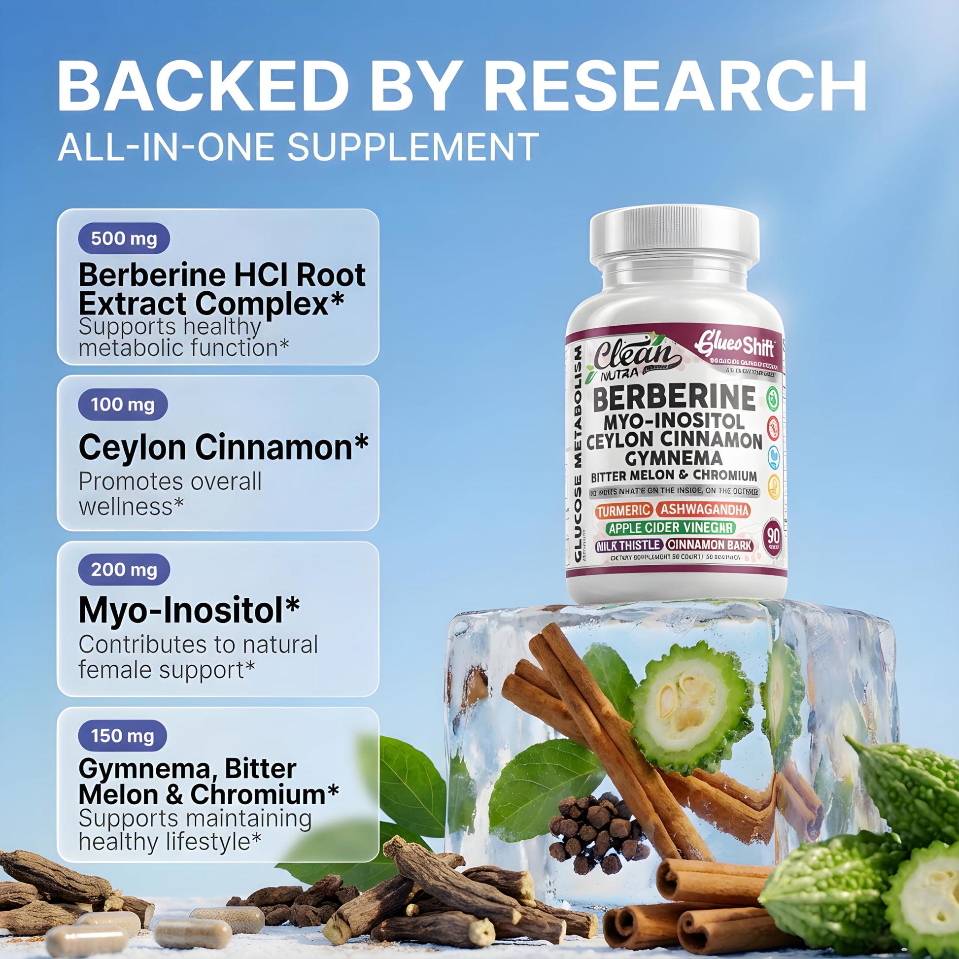 Clean Nutra Berberine Supplement Myo-Inositol Ceylon Cinnamon Gymnema Bitter Melon Chromium Complex for Digestion, Antioxidant Support & Wellness 90 Vegan Capsules Non-GMO Clean NutraceuticalsBuy Supplements Australia