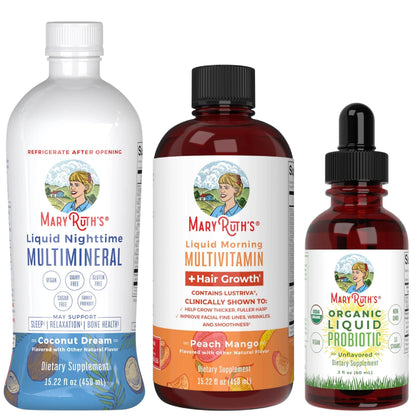 MaryRuth's Morning Multivitamin +Hair Growth (Peach Mango, 15oz), Nighttime Multimineral (Coconut, 15oz) & Probiotic Drops (2oz) | MARYRUTH'S
