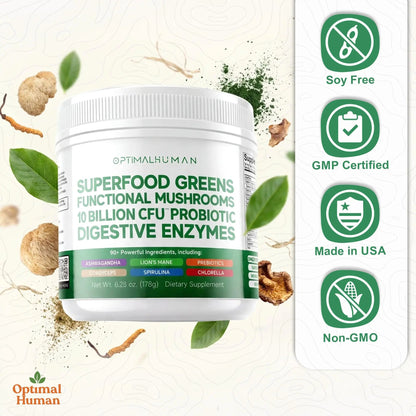 Optimal Human Superfood Greens Powder – 90+ Ingredient Blend with Lion’s Mane Supplement, Ashwagandha & Turmeric O H