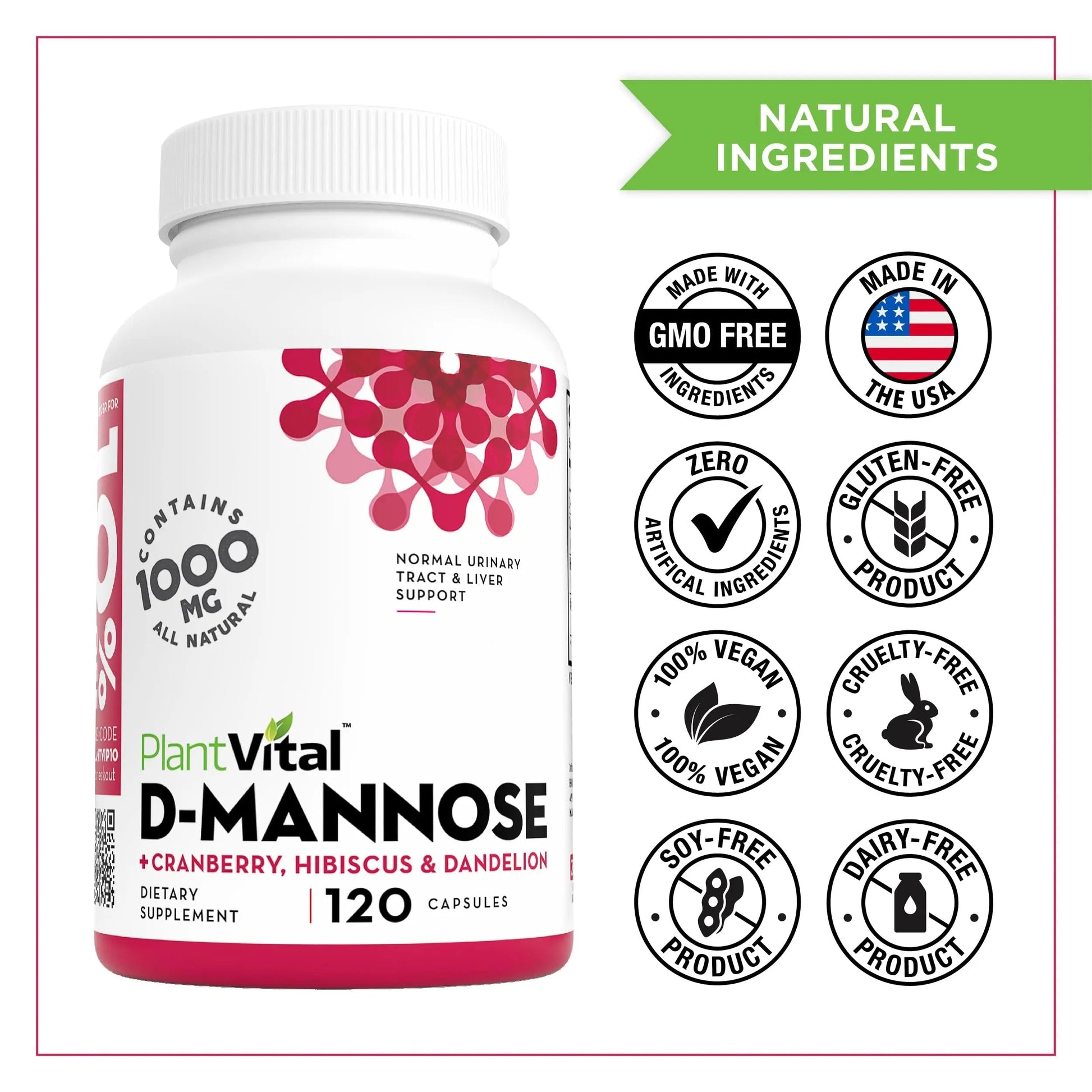 Plantvital D Mannose Capsules with Cranberry - D-mannose 1000mg Capsules - High Potency for Bladder, Kidney and Urinary Tract Support. Cranberry Powder with Hibiscus and Dandelion. 2 Months Supply PlantvitalBuy Supplements Australia