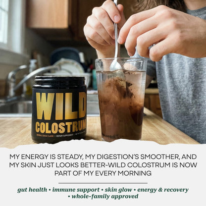 Colostrum Supplement - Grass Fed Pure Bovine Colostrum Powder - 2000mg & 400mg IgG (calostro bovino) - Gut, Immunity, Skin, Hair Support - Sugar Free, Natural Cacao Flavour, 30 Servings Wild FoodsBuy Supplements Australia