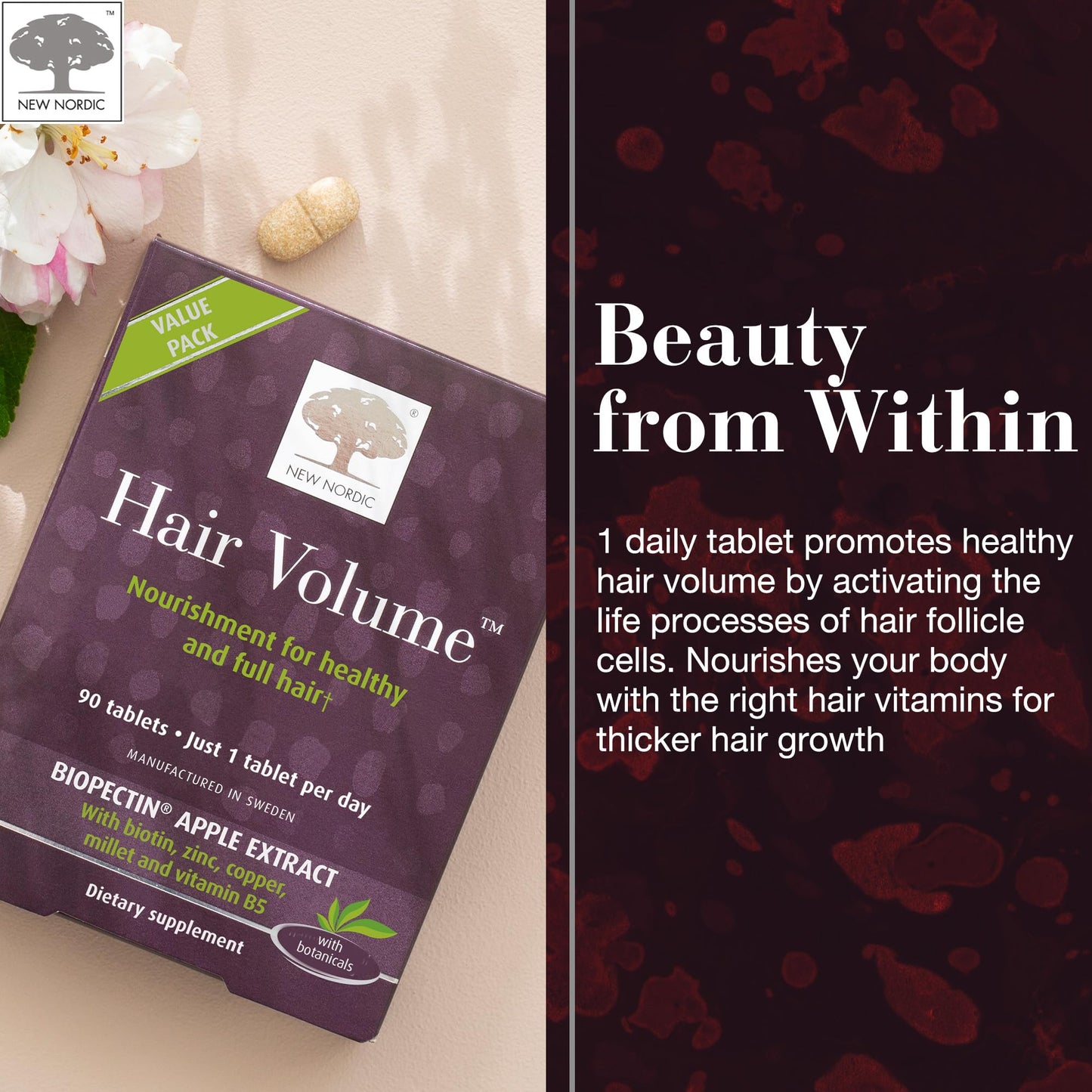NEW NORDIC Hair Volume Tablets, 3000 mcg Biotin & Biopectin Apple Extract, Hair Vitamins to Support Natural Hair Growth, 90 Count (Pack of 1) NEW NORDICBuy Supplements Australia