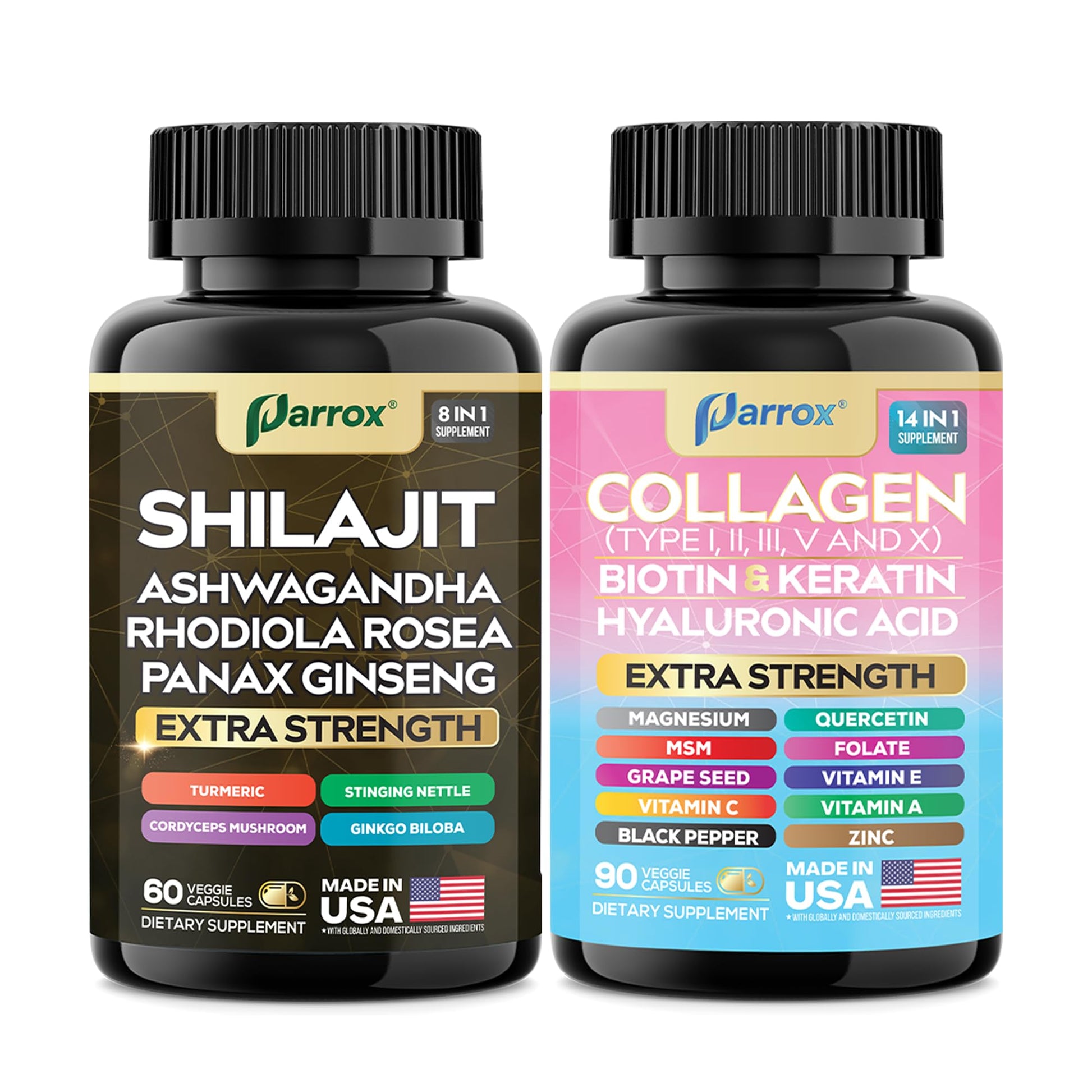 Parrox Adaptogen & Beauty Bundle – Rhodiola, Panax Ginseng, Ashwagandha, Cordyceps, Turmeric, Collagen, Biotin, Keratin, MSM, Hyaluronic Acid, Zinc, Quercetin, Vitamin C, A & E, Folate, Magnesium ParroxBuy Supplements Australia