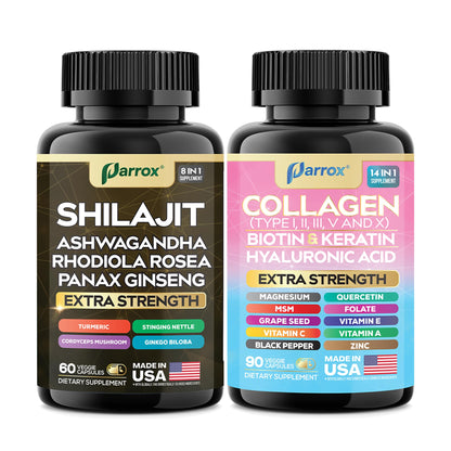 Parrox Adaptogen & Beauty Bundle – Rhodiola, Panax Ginseng, Ashwagandha, Cordyceps, Turmeric, Collagen, Biotin, Keratin, MSM, Hyaluronic Acid, Zinc, Quercetin, Vitamin C, A & E, Folate, Magnesium ParroxBuy Supplements Australia