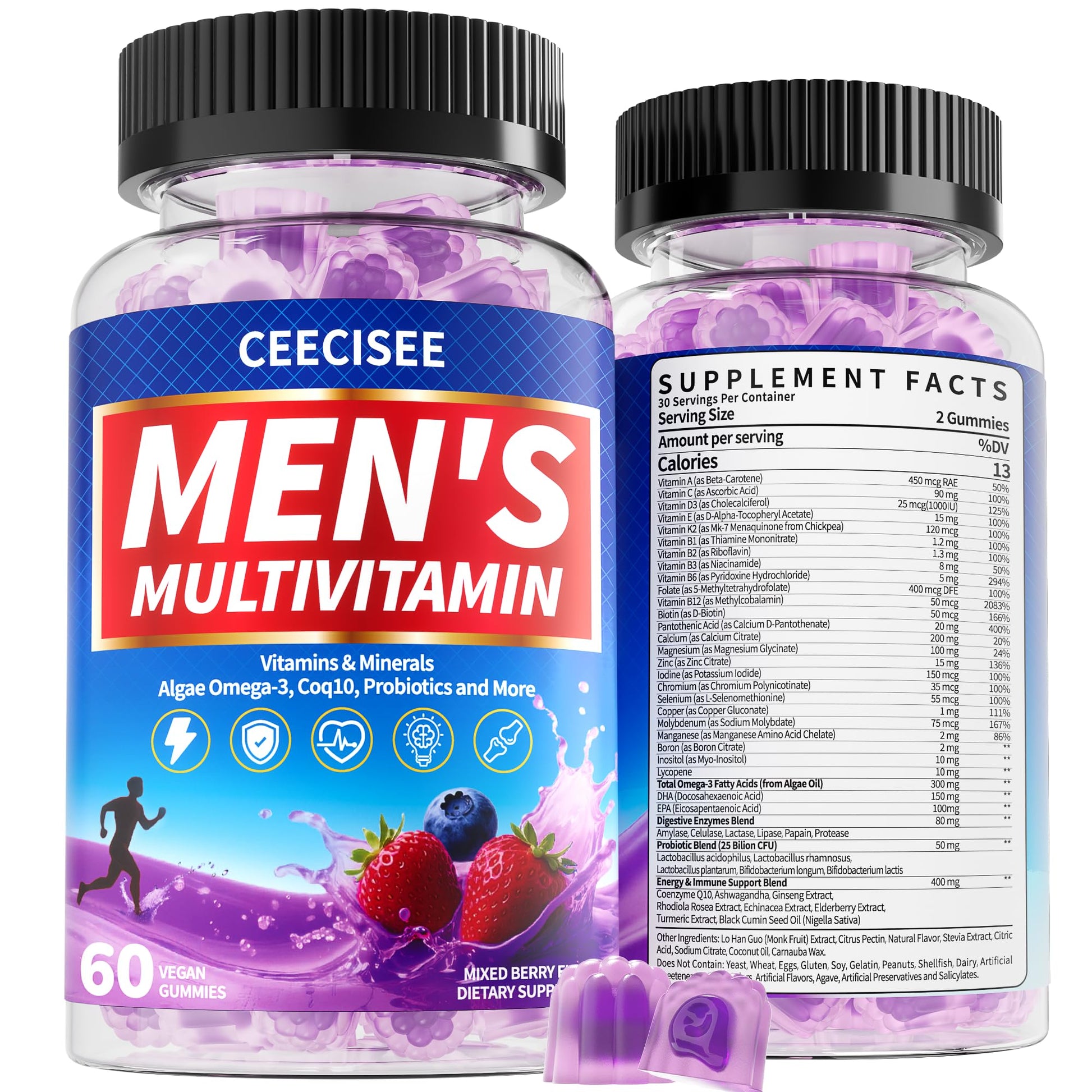Ceecisee Men’s Methylated Multivitamin Gummies: Chewable Multivitamins Mens Gummy with Omega Probiotic Magnesium Zinc Vitamins B12 D3 - No Iron Daily Supplement Support Energy Immune for Men(120Count) CeeciseeBuy Supplements Australia