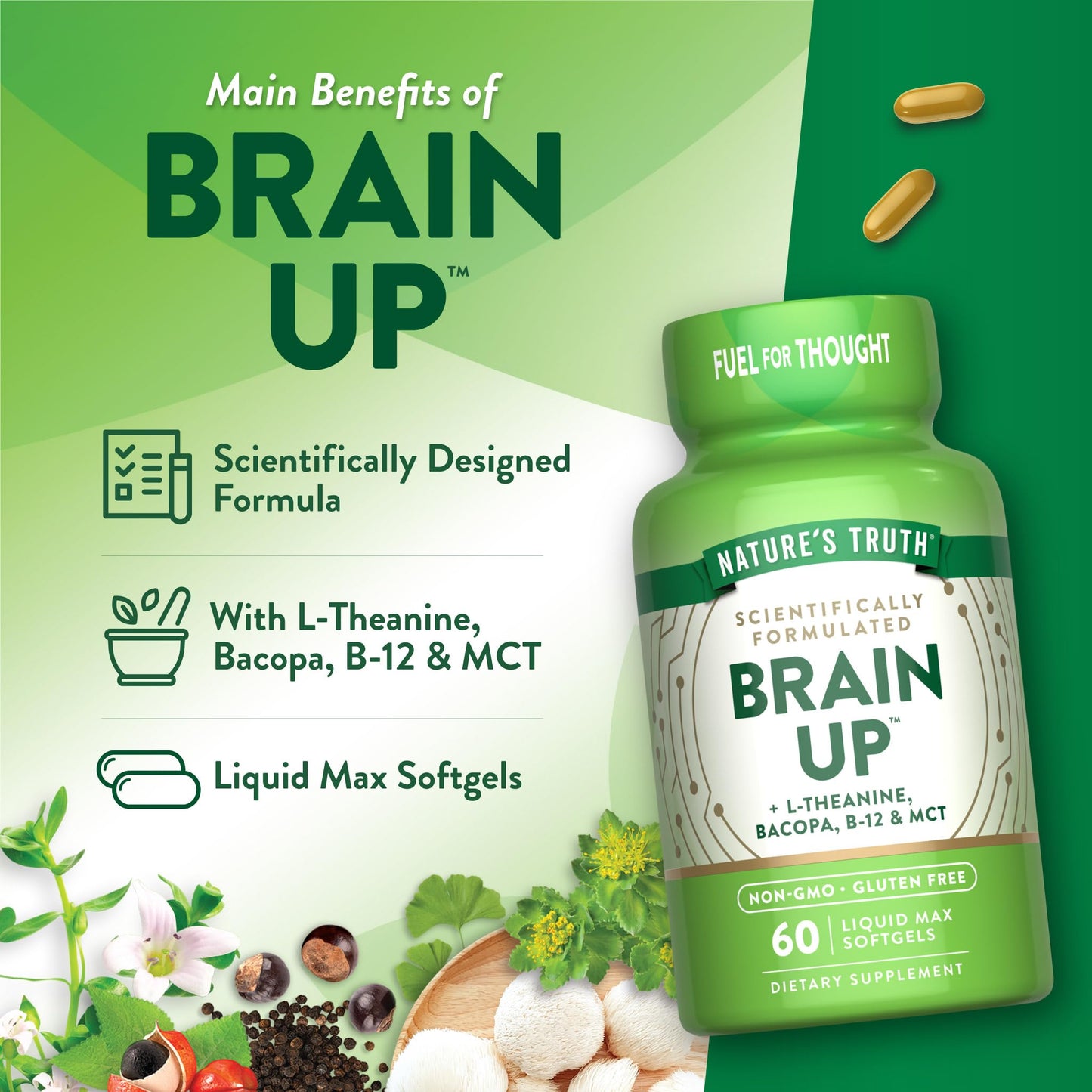 Nature's Truth Brain Up Softgels | 60 Count | with L-Theanine, Bacopa, B-12 & MCT | Non-GMO and Gluten Free Supplement Nature's TruthBuy Supplements Australia