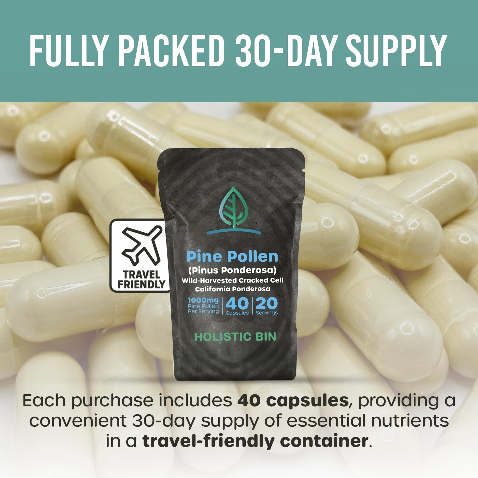 Holistic Bin Pine Pollen Capsules 500mg (Pinus Ponderosa) - Wild Harvested California Ponderosa Pine Pollen Powder - Olympic Grade - Organic, Non-GMO, No Fillers - 30 Day Supply (40 Capsules) Holistic BinBuy Supplements Australia
