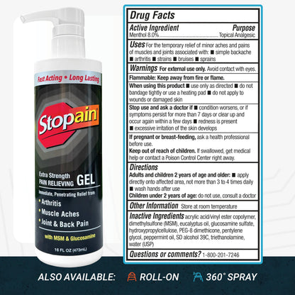 Stopain Pain Relief Gel 16oz, USA Made, Max Strength Fast Acting with Menthol, MSM, Glucosamine for Joint Pain, Back Pain, Arthritis, Knee, Neck Pain, HSA FSA Approved OTC Topical Analgesic Product StopainBuy Supplements Australia