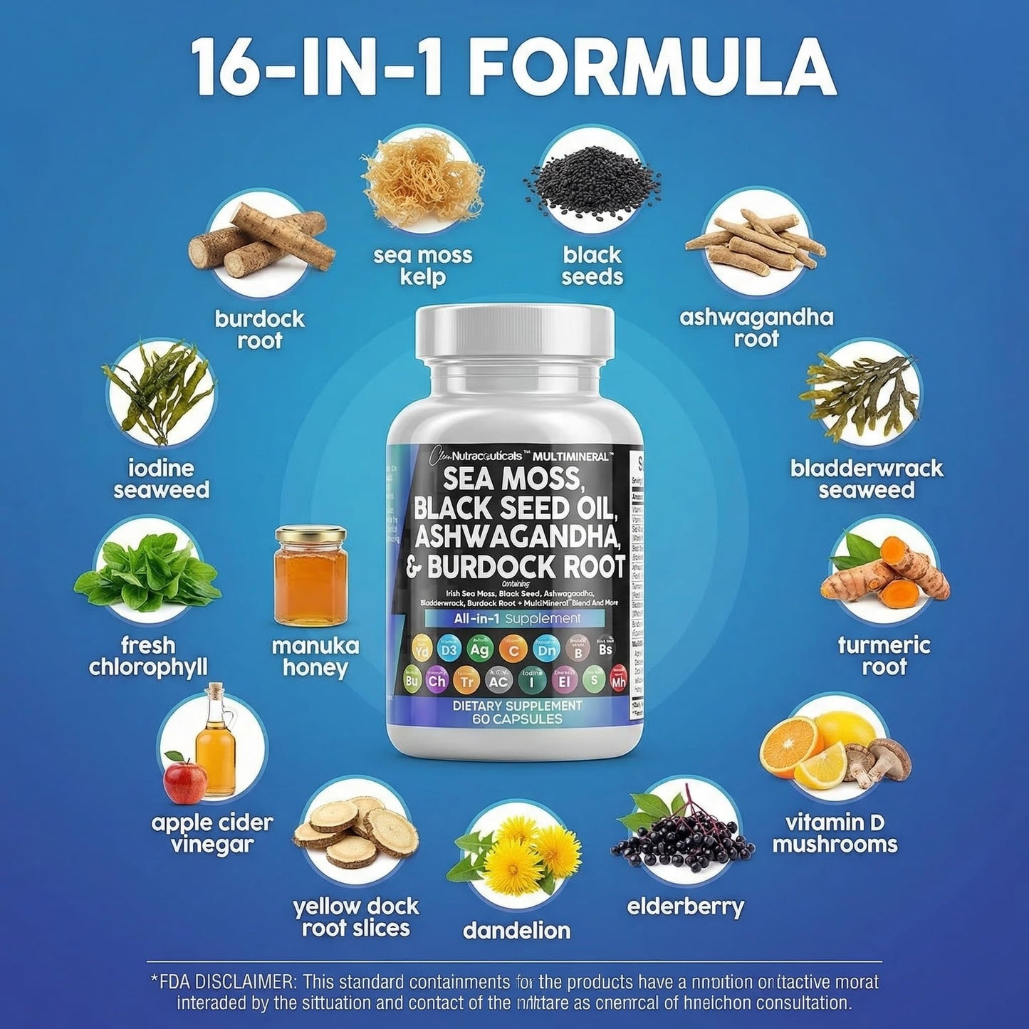 Clean Nutraceuticals Sea Moss Black Seed Oil Ashwagandha Turmeric Bladderwrack Burdock & Vitamin C Vitamin D3 with Elderberry