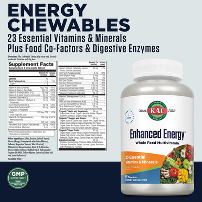 KAL Enhanced Energy Supplements, Whole Food Chewable Multivitamin with Iron, 3 Daily, 23 Essential Vitamins and Minerals, Super Foods, Enzymes, Mango Pineapple Flavor, 60-Day Guarantee, 20 Serv, 60ct KALBuy Supplements Australia